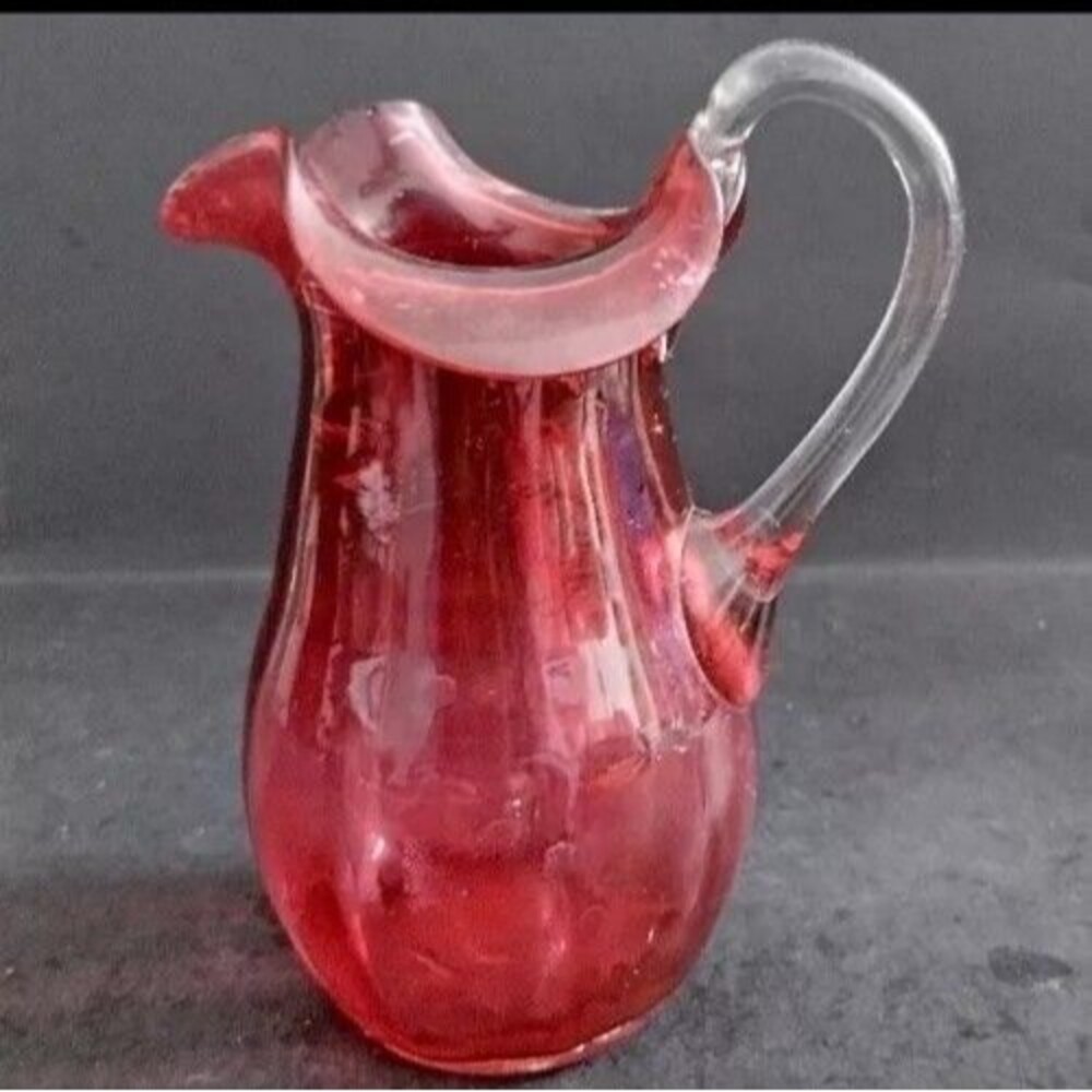 ATLAS Ruby Red Syrup Pitcher 5" Fluted Hand Blown Glass Applied Handle Vintage